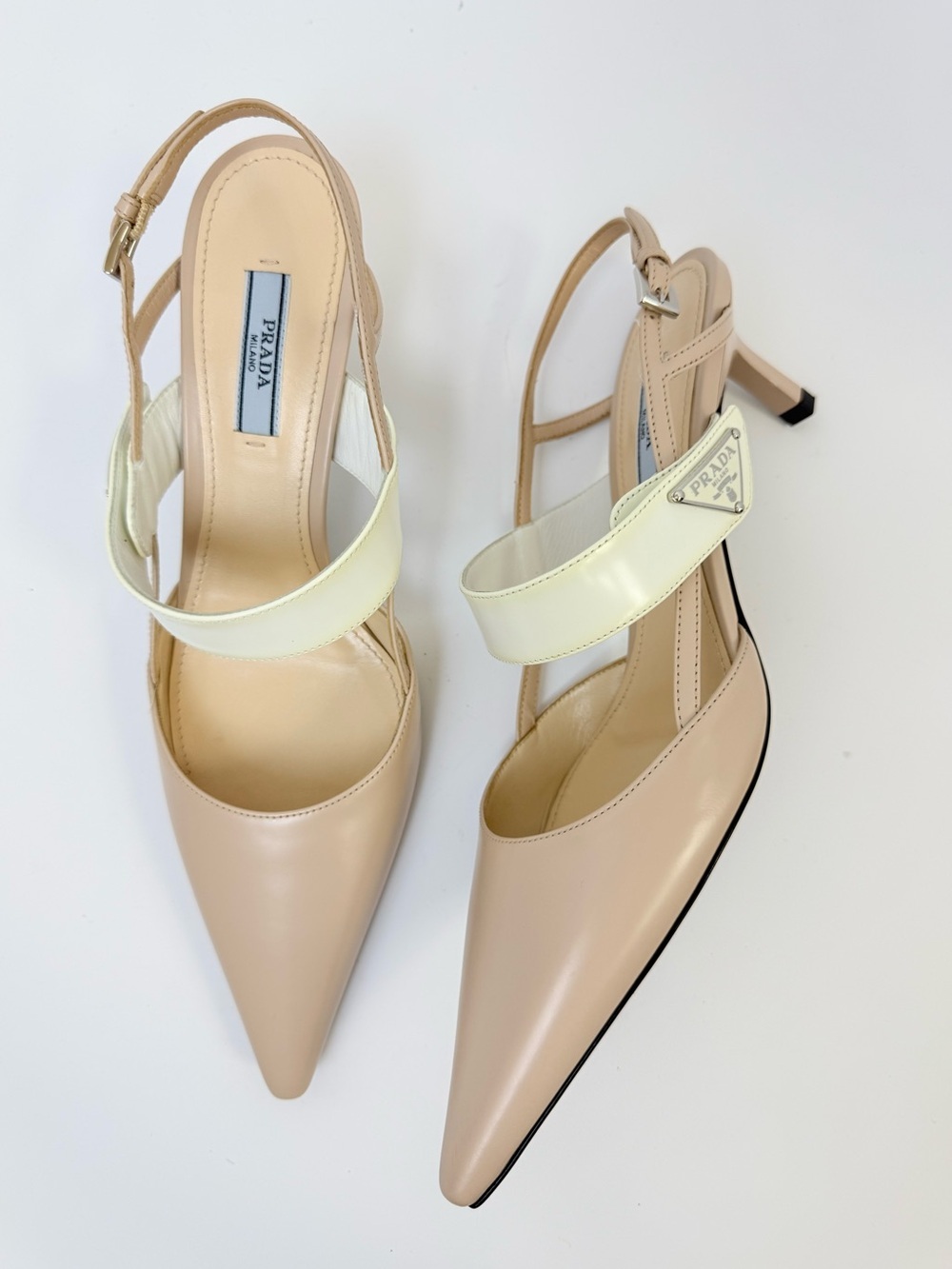 Prada Triangle Logo Mary Jane Slingback Nude Ivory Leather Heel pumps EU 38.5